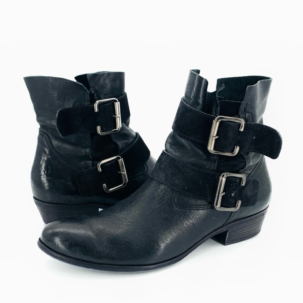 Paul Green Denver Belted Biker Black Leather Suede Boot Women Size 7.5 US